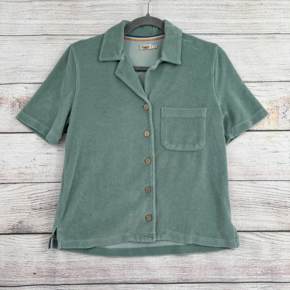 Faherty Terry Cloth Cabana Shirt Womens XS Sage Green Short Sleeve WKU2226-AQG